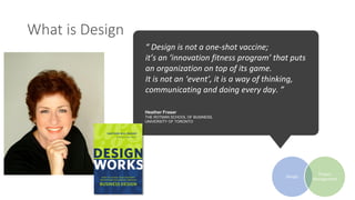 “ Design is not a one-shot vaccine;
it’s an ‘innovation fitness program’ that puts
an organization on top of its game.
It is not an ‘event’, it is a way of thinking,
communicating and doing every day. ”
Heather Fraser
THE ROTMAN SCHOOL OF BUSINESS,
UNIVERSITY OF TORONTO
What is Design
Design
Project
Management
 