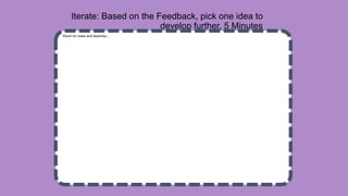 Iterate: Based on the Feedback, pick one idea to
develop further, 5 Minutes
Room for notes and sketches....
 