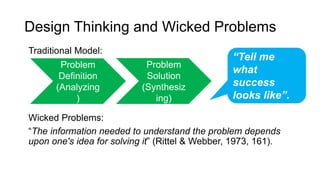 What’s the id- ea? Design Thinking
Design Thinking and Wicked Problems
Traditional Model:
Wicked Problems:
“The information needed to understand the problem depends
upon one's idea for solving it” (Rittel & Webber, 1973, 161).
Problem
Definition
(Analyzing
)
Problem
Solution
(Synthesiz
ing)
“Tell me
what
success
looks like”.
 