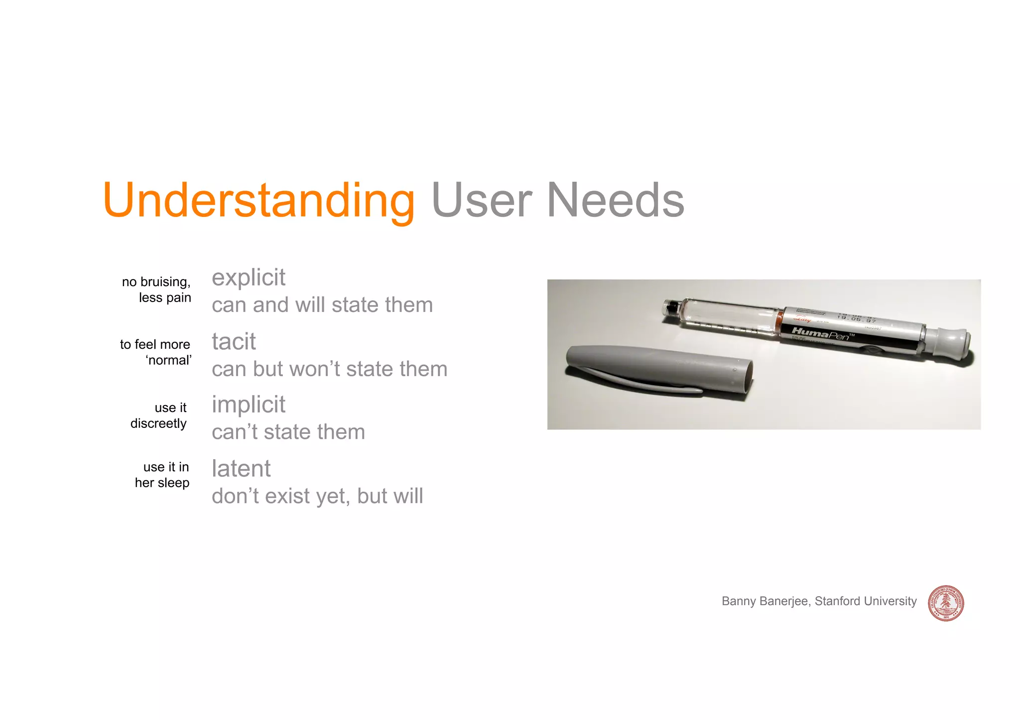 Understanding User Needs
no bruising,    explicit
   less pain
                can and will state them
to feel more    tacit
     ‘normal’
                can but won’t state them
     use it     implicit
 discreetly
                can’t state them
   use it in
  her sleep
                latent
                don’t exist yet, but will



                                            Banny Banerjee, Stanford University
 