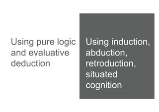 Using pure logic   Using induction,
and evaluative     abduction,
deduction          retroduction,
                   situated
                   cognition
 