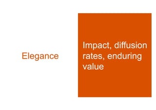 Impact, diffusion
Elegance   rates, enduring
           value
 