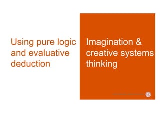 Using pure logic   Imagination &
and evaluative     creative systems
deduction          thinking


                         Banny Banerjee, Stanford University
 