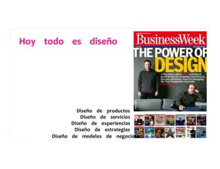 Hoy	
  	
  	
  	
  todo	
  	
  	
  	
  es	
  	
  	
  	
  diseño	
  	
  	
  	
  	
  
Diseño	
  	
  	
  	
  de	
  	
  	
  	
  productos	
  	
  	
  	
  	
  
Diseño	
  	
  	
  	
  de	
  	
  	
  	
  servicios	
  	
  	
  	
  	
  
Diseño	
  	
  	
  	
  de	
  	
  	
  	
  experiencias	
  	
  	
  	
  	
  
Diseño	
  	
  	
  	
  de	
  	
  	
  	
  estrategias	
  	
  	
  	
  	
  
Diseño	
  	
  	
  	
  de	
  	
  	
  	
  modelos	
  	
  	
  	
  de	
  	
  	
  	
  negocios	
  	
  	
  	
  	
  
 