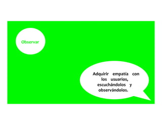 Observar	
  	
  	
  	
  	
  
Adquirir	
  	
  	
  	
  empatía	
  	
  	
  	
  con	
  	
  	
  	
  	
  
los	
  	
  	
  	
  usuarios,	
  	
  	
  	
  	
  
escuchándolos	
  	
  	
  	
  y	
  	
  	
  	
  	
  
observándolos.	
  	
  	
  	
  	
  
 
