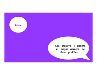 Idear	
  	
  	
  	
  	
  
Sea	
  	
  	
  	
  creativo	
  	
  	
  	
  y	
  	
  	
  	
  genere	
  	
  	
  	
  	
  
el	
  	
  	
  	
  mayor	
  	
  	
  	
  número	
  	
  	
  	
  de	
  	
  	
  	
  	
  
ideas	
  	
  	
  	
  posibles	
  	
  	
  	
  	
  
 