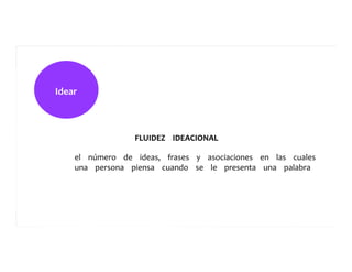 Idear	
  	
  	
  	
  	
  
FLUIDEZ	
  	
  	
  	
  IDEACIONAL	
  	
  	
  	
  	
  
	
  	
  	
  	
  	
  
el	
  	
  	
  	
  número	
  	
  	
  	
  de	
  	
  	
  	
  ideas,	
  	
  	
  	
  frases	
  	
  	
  	
  y	
  	
  	
  	
  asociaciones	
  	
  	
  	
  en	
  	
  	
  	
  las	
  	
  	
  	
  cuales	
  	
  	
  	
  	
  	
  	
  	
  	
  
una	
  	
  	
  	
  persona	
  	
  	
  	
  piensa	
  	
  	
  	
  cuando	
  	
  	
  	
  se	
  	
  	
  	
  le	
  	
  	
  	
  presenta	
  	
  	
  	
  una	
  	
  	
  	
  palabra	
  	
  	
  	
  	
  
 