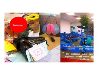 Prototipar	
  	
  	
  	
  	
  
Cualquier	
  	
  	
  	
  prototipo	
  	
  	
  	
  debería	
  	
  	
  	
  	
  
resolver	
  	
  	
  	
  	
  	
  	
  	
  una	
  	
  	
  	
  pregunta	
  	
  	
  	
  	
  
	
  	
  	
  	
  	
  
Un	
  	
  	
  	
  prototipo	
  	
  	
  	
  debe	
  	
  	
  	
  estar	
  	
  	
  	
  	
  
expuesto	
  	
  	
  	
  al	
  	
  	
  	
  escenario	
  	
  	
  	
  del	
  	
  	
  	
  	
  
problema	
  	
  	
  	
  	
  
 