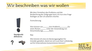 Mit dem Verstehen des Problems und der
Beobachtung der Zielgruppe kann ich nun eine Frage
festlegen an der ich arbeiten möchte.
Formulierung:
Wie können wir________(ein Problem)__________für
einen Nutzer_______ unter der Anwendung von
(Einschränkung)________lösen.
Bsp.:
Wie könnte ich eine ein Beratungsangebot für
Gründer gestalten, damit sie sich zum Start vollständig
auf ihr Unternehmen konzentrieren können?
Wir beschreiben was wir wollen
Standpunkt
definieren
 