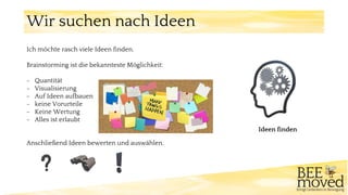 Ich möchte rasch viele Ideen finden.
Brainstorming ist die bekannteste Möglichkeit:
- Quantität
- Visualisierung
- Auf Ideen aufbauen
- keine Vorurteile
- Keine Wertung
- Alles ist erlaubt
Anschließend Ideen bewerten und auswählen.
Wir suchen nach Ideen
Ideen finden
 