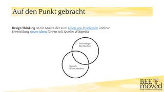 Auf den Punkt gebracht
Design Thinking ist ein Ansatz, der zum Lösen von Problemen und zur
Entwicklung neuer Ideen führen soll. Quelle: Wikipedia
Technologie
Machbarkeit
Mensch
Wünschbarkeit
 