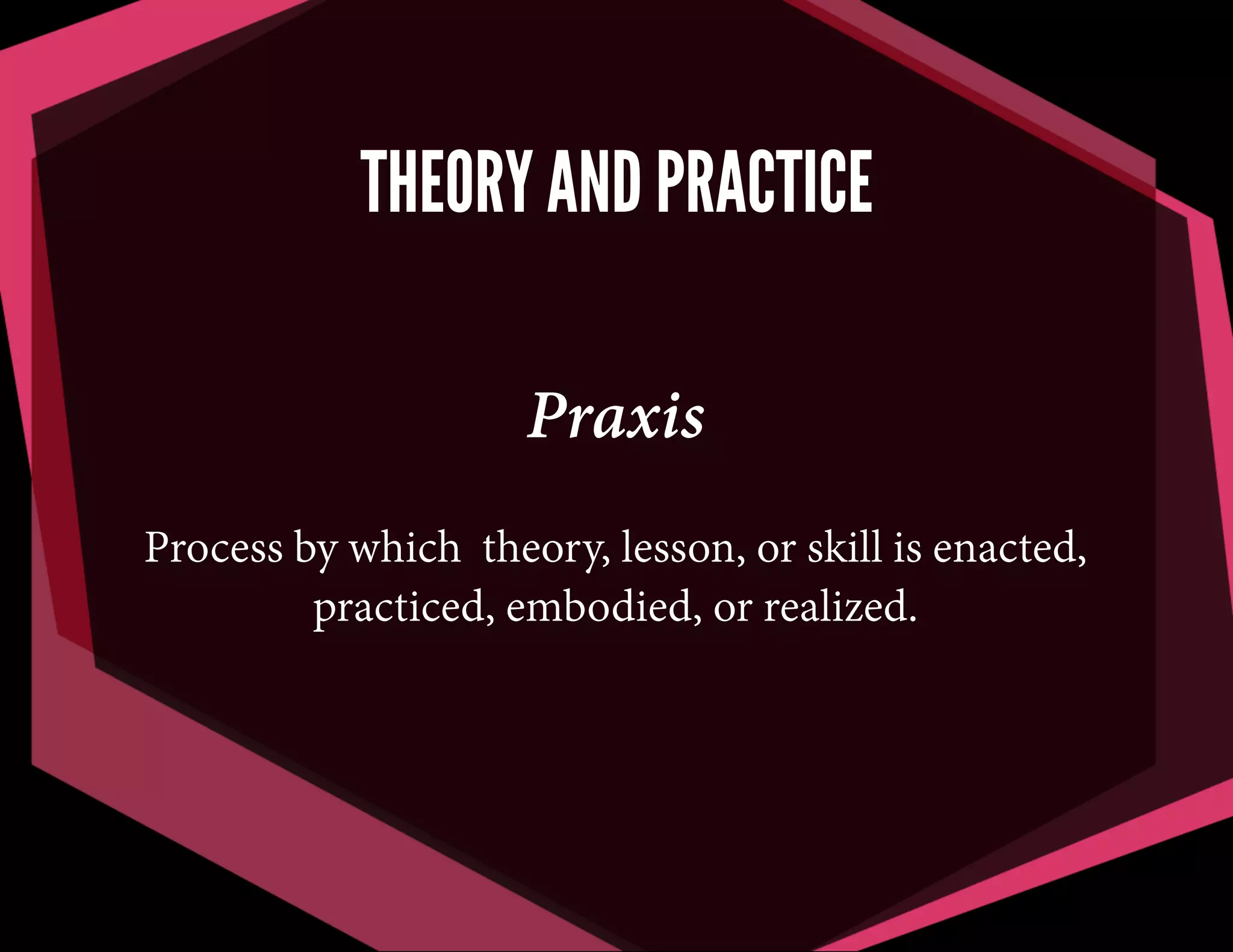 THEORY AND PRACTICE
Praxis
Process by which theory, lesson, or skill is enacted,
practiced, embodied, or realized.

 