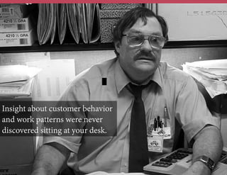 Insight about customer behavior
and work patterns were never
discovered sitting at your desk.

	
  	
  

*

 