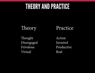 THEORY AND PRACTICE
Theory

Practice

Thought
Disengaged
Frivolous
Virtual

Action
Invested
Productive
Real

 