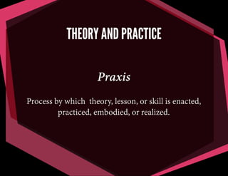 THEORY AND PRACTICE
Praxis
Process by which theory, lesson, or skill is enacted,
practiced, embodied, or realized.

 