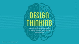 design 
thinking 
is 
a 
process 
for 
solving 
complex 
problems 
through 
observation 
and 
iteration 
@petesena 
-­‐ 
on 
“what 
is 
design 
thinking?” 
 