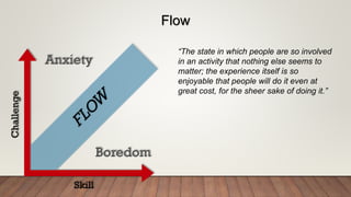 Flow
“The state in which people are so involved
in an activity that nothing else seems to
matter; the experience itself is so
enjoyable that people will do it even at
great cost, for the sheer sake of doing it.”
 