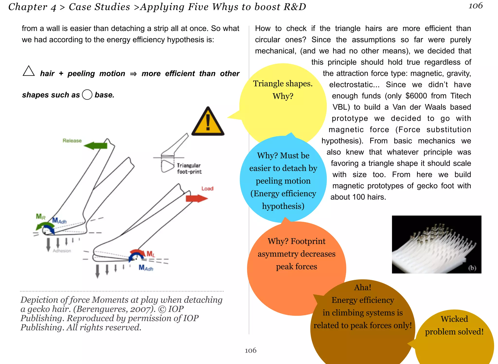Chapter 4 > Case Studies >Applying Five Whys to boost R&D 106 
from a wall is easier than detaching a strip all at once. So what 
we had according to the energy efficiency hypothesis is: 
△ hair + peeling motion ⇒ more efficient than other 
shapes such as ⃝ base. 
How to check if the triangle hairs are more efficient than 
circular ones? Since the assumptions so far were purely 
mechanical, (and we had no other means), we decided that 
this principle should hold true regardless of 
the attraction force type: magnetic, gravity, 
electrostatic... Since we didn’t have 
enough funds (only $6000 from Titech 
VBL) to build a Van der Waals based 
prototype we decided to go with 
magnetic force (Force substitution 
hypothesis). From basic mechanics we 
also knew that whatever principle was 
favoring a triangle shape it should scale 
with size too. From here we build 
magnetic prototypes of gecko foot with 
about 100 hairs. 
106 
Depiction of force Moments at play when detaching 
a gecko hair. (Berengueres, 2007). © IOP 
Publishing. Reproduced by permission of IOP 
Publishing. All rights reserved. 
Triangle shapes. 
Why? 
Why? Must be 
easier to detach by 
peeling motion 
(Energy efficiency 
hypothesis) 
Why? Footprint 
asymmetry decreases 
peak forces 
Aha! 
Energy efficiency 
in climbing systems is 
related to peak forces only! 
Wicked 
problem solved! 
 