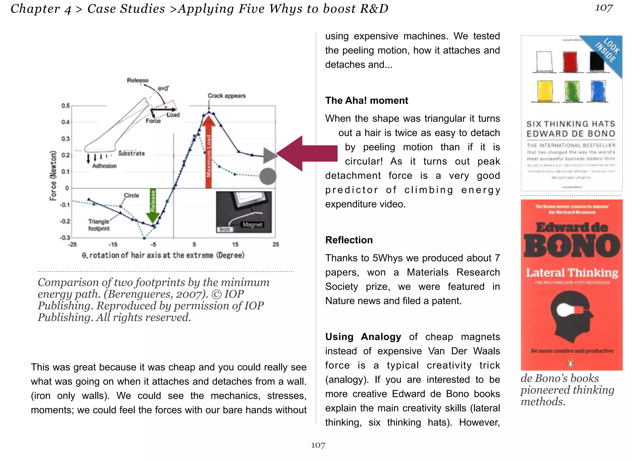 Chapter 4 > Case Studies >Applying Five Whys to boost R&D 107 
This was great because it was cheap and you could really see 
what was going on when it attaches and detaches from a wall. 
(iron only walls). We could see the mechanics, stresses, 
moments; we could feel the forces with our bare hands without 
using expensive machines. We tested 
the peeling motion, how it attaches and 
detaches and... 
The Aha! moment 
When the shape was triangular it turns 
out a hair is twice as easy to detach 
by peeling motion than if it is 
circular! As it turns out peak 
detachment force is a very good 
p r e d i c t o r o f c l imb i n g e n e r g y 
expenditure video. 
Reflection 
Thanks to 5Whys we produced about 7 
papers, won a Materials Research 
Society prize, we were featured in 
Nature news and filed a patent. 
Using Analogy of cheap magnets 
instead of expensive Van Der Waals 
force is a typical creativity trick 
(analogy). If you are interested to be 
more creative Edward de Bono books 
explain the main creativity skills (lateral 
thinking, six thinking hats). However, 
107 
Comparison of two footprints by the minimum 
energy path. (Berengueres, 2007). © IOP 
Publishing. Reproduced by permission of IOP 
Publishing. All rights reserved. 
de Bono’s books 
pioneered thinking 
methods. 
 