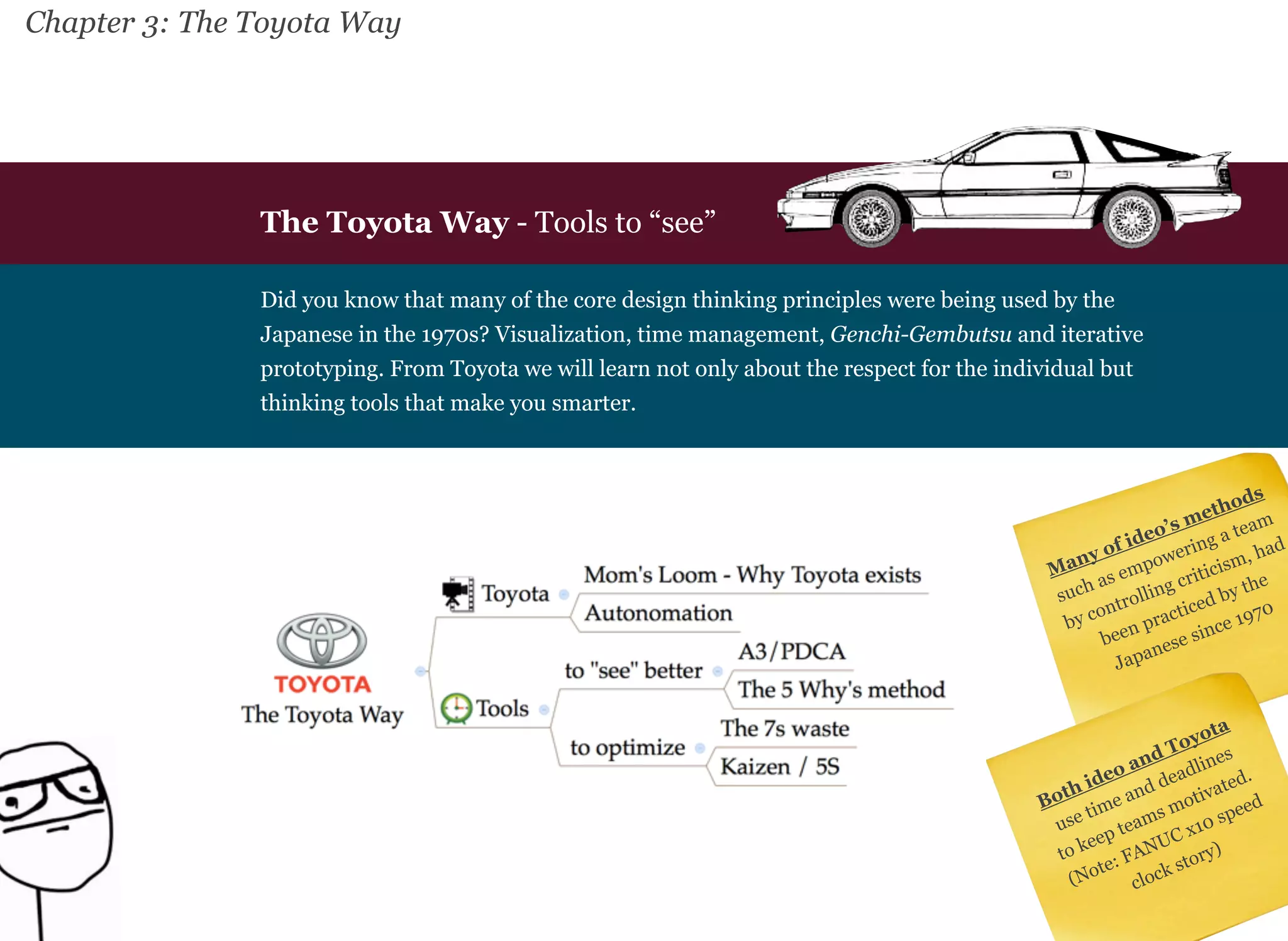 Chapter 3: The Toyota Way 
` 
The Toyota Way - Tools to “see” 
Did you know that many of the core design thinking principles were being used by the 
Japanese in the 1970s? Visualization, time management, Genchi-Gembutsu and iterative 
prototyping. From Toyota we will learn not only about the respect for the individual but 
thinking tools that make you smarter. 
Many of ideo’s methods 
such as empowering a team 
by controlling criticism, had 
been practiced by the 
Japanese since 1970 
Both ideo and Toyota 
use time and deadlines 
to keep teams motivated. 
(Note: FANUC x10 speed 
clock story) 
 