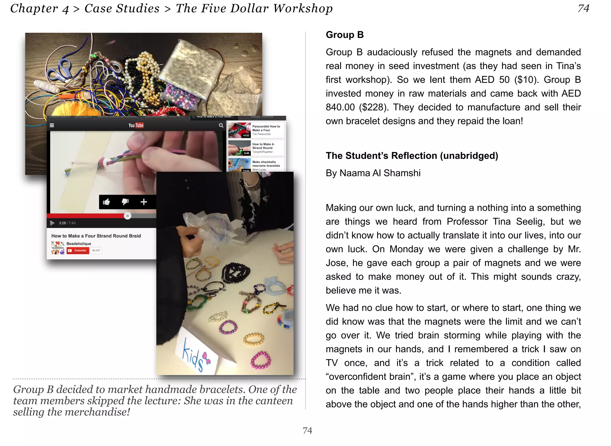 Chapter 4 > Case Studies > The Five Dollar Workshop 74 
Group B 
Group B audaciously refused the magnets and demanded 
real money in seed investment (as they had seen in Tina’s 
first workshop). So we lent them AED 50 ($10). Group B 
invested money in raw materials and came back with AED 
840.00 ($228). They decided to manufacture and sell their 
own bracelet designs and they repaid the loan! 
The Student’s Reflection (unabridged) 
By Naama Al Shamshi 
Making our own luck, and turning a nothing into a something 
are things we heard from Professor Tina Seelig, but we 
didn’t know how to actually translate it into our lives, into our 
own luck. On Monday we were given a challenge by Mr. 
Jose, he gave each group a pair of magnets and we were 
asked to make money out of it. This might sounds crazy, 
believe me it was. 
We had no clue how to start, or where to start, one thing we 
did know was that the magnets were the limit and we can’t 
go over it. We tried brain storming while playing with the 
magnets in our hands, and I remembered a trick I saw on 
TV once, and it’s a trick related to a condition called 
“overconfident brain”, it’s a game where you place an object 
on the table and two people place their hands a little bit 
above the object and one of the hands higher than the other, 
74 
Group B decided to market handmade bracelets. One of the 
team members skipped the lecture: She was in the canteen 
selling the merchandise! 
 