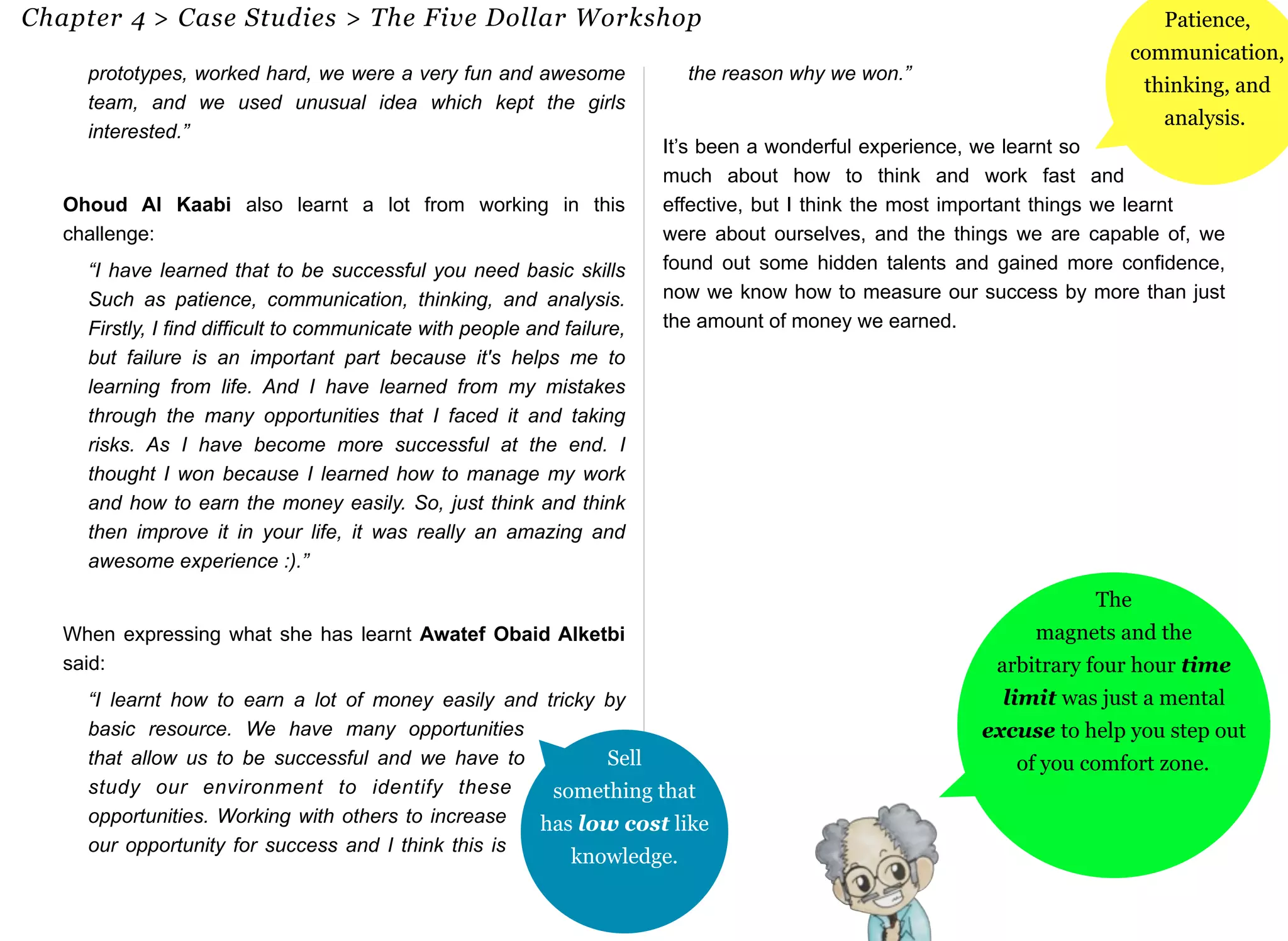 Chapter 4 > Case Studies > The Five Dollar Workshop Patie n 7c6e , 
prototypes, worked hard, we were a very fun and awesome 
team, and we used unusual idea which kept the girls 
interested.” 
Ohoud Al Kaabi also learnt a lot from working in this 
challenge: 
“I have learned that to be successful you need basic skills 
Such as patience, communication, thinking, and analysis. 
Firstly, I find difficult to communicate with people and failure, 
but failure is an important part because it's helps me to 
learning from life. And I have learned from my mistakes 
through the many opportunities that I faced it and taking 
risks. As I have become more successful at the end. I 
thought I won because I learned how to manage my work 
and how to earn the money easily. So, just think and think 
then improve it in your life, it was really an amazing and 
awesome experience :).” 
When expressing what she has learnt Awatef Obaid Alketbi 
said: 
“I learnt how to earn a lot of money easily and tricky by 
basic resource. We have many opportunities 
that allow us to be successful and we have to 
study our environment to identify these 
opportunities. Working with others to increase 
our opportunity for success and I think this is 
the reason why we won.” 
It’s been a wonderful experience, we learnt so 
much about how to think and work fast and 
effective, but I think the most important things we learnt 
were about ourselves, and the things we are capable of, we 
found out some hidden talents and gained more confidence, 
now we know how to measure our success by more than just 
the amount of money we earned. 
76 
communication, 
thinking, and 
analysis. 
Sell 
something that 
has low cost like 
knowledge. 
The 
magnets and the 
arbitrary four hour time 
limit was just a mental 
excuse to help you step out 
of you comfort zone. 
 