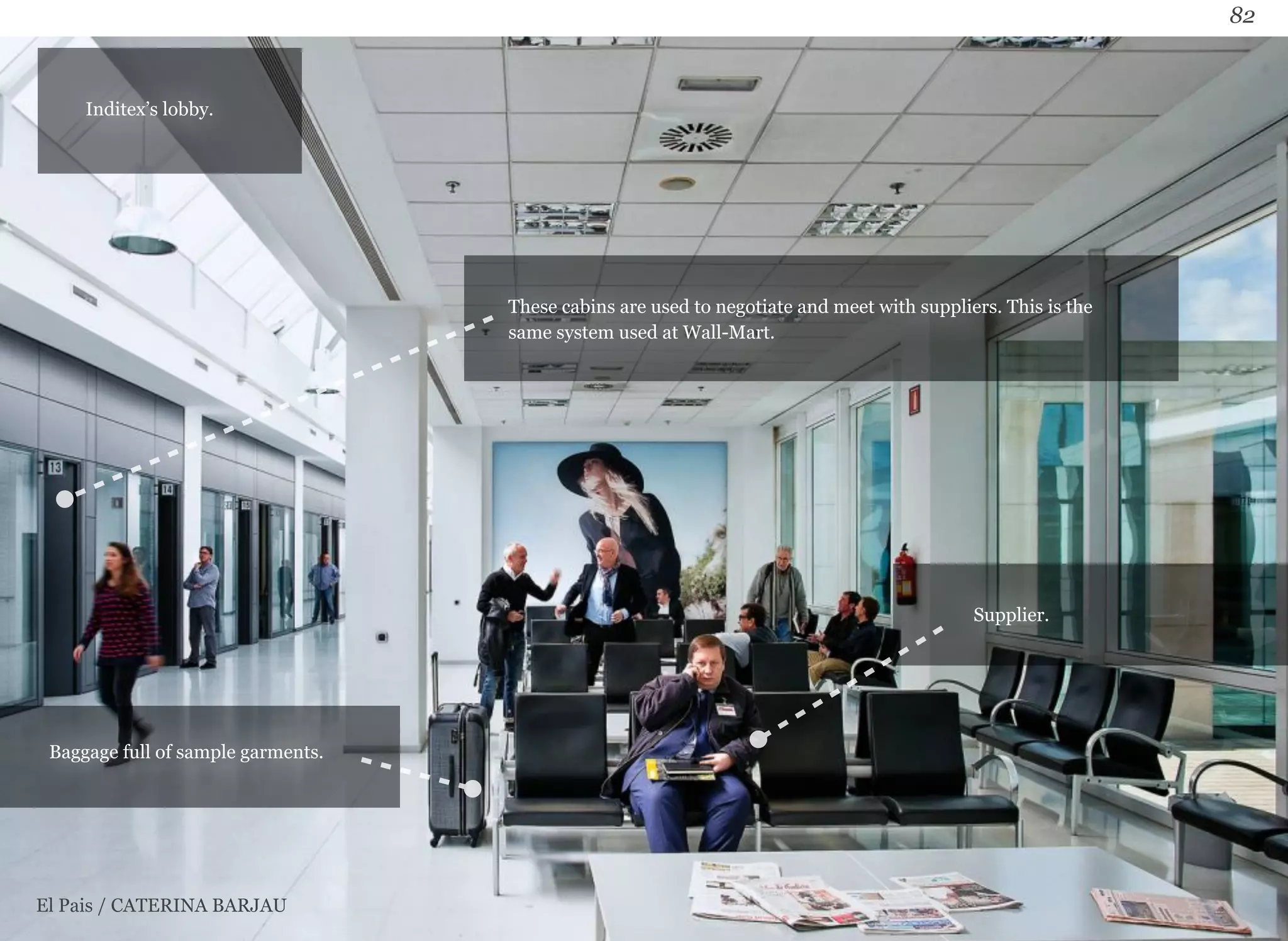 82 
These cabins are used to negotiate and meet with suppliers. This is the 
same system used at Wall-Mart. 
Inditex’s lobby. 
Baggage full of sample garments. 
Supplier. 
El Pais / CATERINA BARJAU 
 