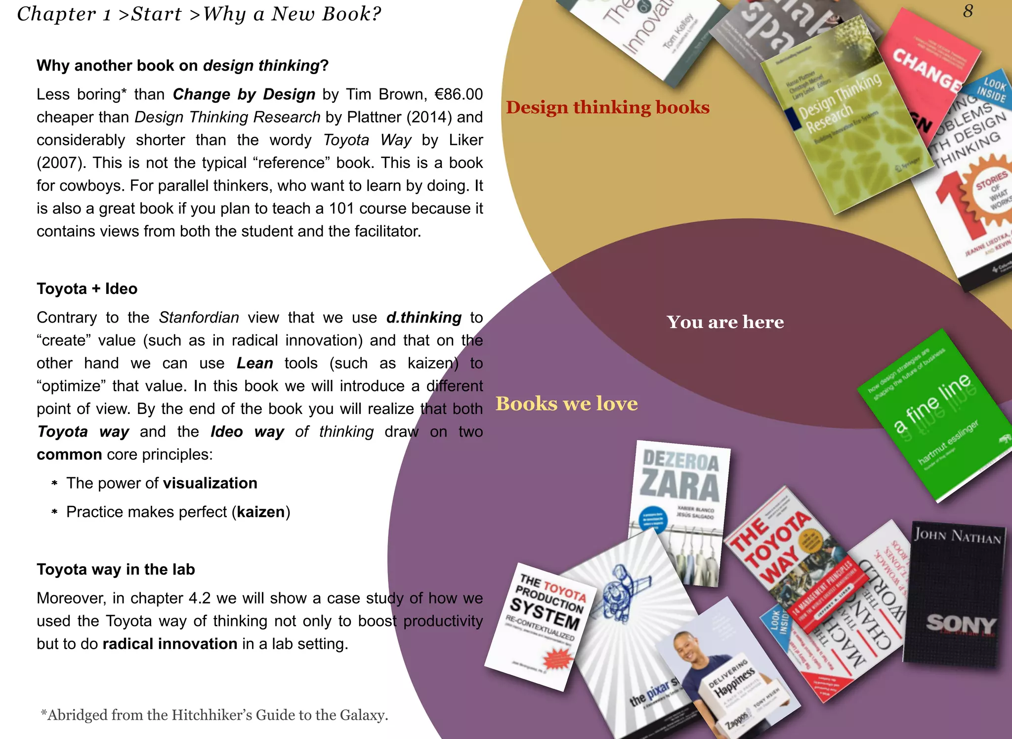 Chapter 1 >Start >Why a New Book? 8 
Design thinking books 
Books we love 
Why another book on design thinking? 
Less boring* than Change by Design by Tim Brown, €86.00 
cheaper than Design Thinking Research by Plattner (2014) and 
considerably shorter than the wordy Toyota Way by Liker 
(2007). This is not the typical “reference” book. This is a book 
for cowboys. For parallel thinkers, who want to learn by doing. It 
is also a great book if you plan to teach a 101 course because it 
contains views from both the student and the facilitator. 
Toyota + Ideo 
Contrary to the Stanfordian view that we use d.thinking to 
“create” value (such as in radical innovation) and that on the 
other hand we can use Lean tools (such as kaizen) to 
“optimize” that value. In this book we will introduce a different 
point of view. By the end of the book you will realize that both 
Toyota way and the Ideo way of thinking draw on two 
common core principles: 
The power of visualization 
Practice makes perfect (kaizen) 
Toyota way in the lab 
Moreover, in chapter 4.2 we will show a case study of how we 
used the Toyota way of thinking not only to boost productivity 
but to do radical innovation in a lab setting. 
*Abridged from the Hitchhiker’s Guide to the Galaxy. 
You are here 
 