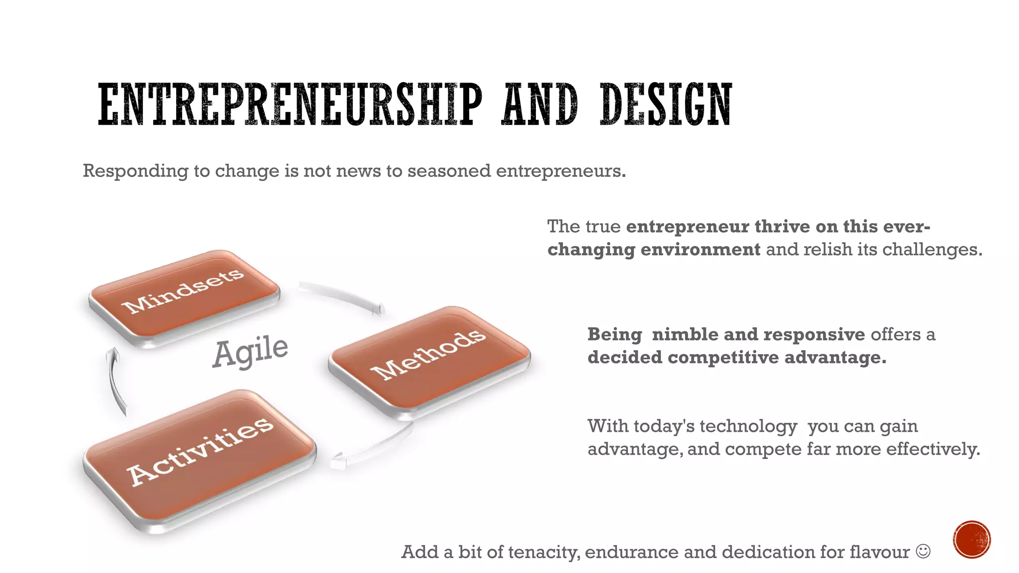 Responding to change is not news to seasoned entrepreneurs.
The true entrepreneur thrive on this ever-
changing environment and relish its challenges.
Being nimble and responsive offers a
decided competitive advantage.
With today's technology you can gain
advantage,and compete far more effectively.
Add a bit of tenacity, endurance and dedication for flavour 
 