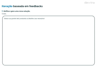 Iteração baseada em feedbacks
7. Reflita e gere uma nova solução.
3 min.
Esboce sua grande ideia, anotando os detalhes caso necessário!
 