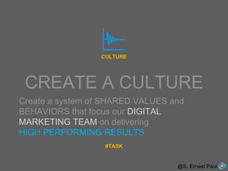 CREATE A CULTURE
@S. Ernest Paul
CULTURE
Create a system of SHARED VALUES and
BEHAVIORS that focus our DIGITAL
MARKETING TEAM on delivering
HIGH PERFORMING RESULTS
#TASK
 