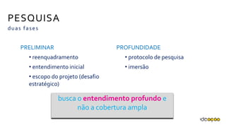 PESQUISA
PRELIMINAR
• reenquadramento
• entendimento inicial
• escopo do projeto (desafio
estratégico)
PROFUNDIDADE
• protocolo de pesquisa
• imersão
duas fases
busca o entendimento profundo
e não a cobertura ampla
 