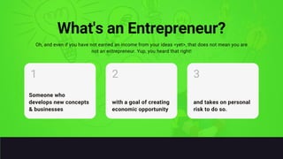 What's an Entrepreneur?
Oh, and even if you have not earned an income from your ideas <yet>, that does not mean you are
not an entrepreneur. Yup, you heard that right!
Someone who
develops new concepts
& businesses
1
with a goal of creating
economic opportunity
2
and takes on personal
risk to do so.
3
 