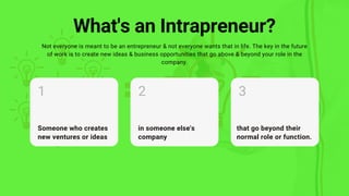 What's an Intrapreneur?
Not everyone is meant to be an entrepreneur & not everyone wants that in life. The key in the future
of work is to create new ideas & business opportunities that go above & beyond your role in the
company.
Someone who creates
new ventures or ideas
1
in someone else's
company
2
that go beyond their
normal role or function.
3
 