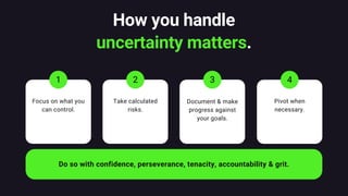 How you handle
uncertainty matters.
Focus on what you
can control.
1
Take calculated
risks.
2
Document & make
progress against
your goals.
3
Pivot when
necessary.
4
Do so with confidence, perseverance, tenacity, accountability & grit.
 