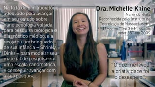 Maio, 2019 / © 2019 IBM Corporation 13
Dra. Michelle Khine
Nano cientista
Reconhecida pelo Instituto de
Tecnologia de Massachusetts
(MIT) como “Top 35 Innovator
under 35” em 2009
“O que me levou
a criatividade foi
o desespero”.
Na falta de um laboratório
adequado para avançar
em seu estudo sobre
nanotecnologia voltada
para pesquisa biológica e
diagnóstico médico, ela
resgatou um brinquedo
de sua infância – Shrinky
Dinks – para modelar seu
material de pesquisa em
uma escala nanométrica,
e conseguir avançar com
a sua pesquisa.
 