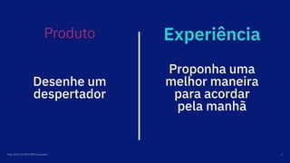 Desenhe um
despertador
Proponha uma
melhor maneira
para acordar
pela manhã
Produto Experiência
Maio, 2019 / © 2019 IBM Corporation 3
 