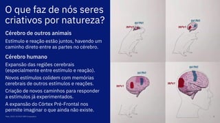 O que faz de nós seres
criativos por natureza?
Maio, 2019 / © 2019 IBM Corporation 6
Cérebro de outros animais
Estímulo e reação estão juntos, havendo um
caminho direto entre as partes no cérebro.
Cérebro humano
Expansão das regiões cerebrais
(especialmente entre estímulo e reação).
Novos estímulos colidem com memórias
cerebrais de outros estímulos e reações.
Criação de novos caminhos para responder
a estímulos já experimentados.
A expansão do Córtex Pré-Frontal nos
permite imaginar o que ainda não existe.
 