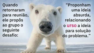 Maio, 2019 / © 2019 IBM Corporation 67
Quando
retornaram
para reunião,
ele propôs
ao grupo o
seguinte
desafio:
“Proponham
uma ideia
absurda,
relacionando
o urso a ideia
para solução
do problema.”
 