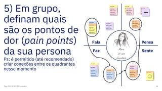 5) Em grupo,
definam quais
são os pontos de
dor (pain points)
da sua persona
Ps: é permitido (até recomendado)
criar conexões entre os quadrantes
nesse momento
Maio, 2019 / © 2019 IBM Corporation 86
Fala
Faz
Pensa
SenteMaria
25 anos
Secretária
orem ipsum
dolor sit amet,
consectetur
adipiscing elit.
orem ipsum
dolor sit amet,
consectetur
adipiscing elit.
orem ipsum
dolor sit amet,
consectetur
adipiscing elit.
orem ipsum
dolor sit amet,
consectetur
adipiscing elit.
orem ipsum
dolor sit amet,
consectetur
adipiscing elit.
orem ipsum
dolor sit amet,
consectetur
adipiscing elit.
orem ipsum
dolor sit amet,
consectetur
adipiscing elit.
orem ipsum
dolor sit amet,
consectetur
adipiscing elit.
orem ipsum
dolor sit amet,
consectetur
adipiscing elit.
orem ipsum
dolor sit amet,
consectetur
adipiscing elit.
orem ipsum
dolor sit amet,
consectetur
adipiscing elit.
orem ipsum
dolor sit amet,
consectetur
adipiscing elit.
orem ipsum
dolor sit amet,
consectetur
adipiscing elit.
orem ipsum
dolor sit amet,
consectetur
adipiscing elit.
orem ipsum
dolor sit amet,
consectetur
adipiscing elit.
orem ipsum
dolor sit amet,
consectetur
adipiscing elit.
orem ipsum
dolor sit amet,
consectetur
adipiscing elit.
orem ipsum
dolor sit amet,
consectetur
adipiscing elit.
orem ipsum
dolor sit amet,
consectetur
adipiscing elit.
orem ipsum
dolor sit amet,
consectetur
adipiscing elit.
 