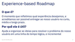 Experience-based Roadmap
Maio, 2019 / © 2019 IBM Corporation 94
O que é?
O momento que refletimos qual experiência desejamos, e
acreditamos ser possível entregar ao nosso usuário no curto,
médio e longo prazo.
Por quê ele é útil?
Ajuda a organizar as ideias para resolver o problema do nosso
usuário em uma linha do tempo lógica, e incremental
 