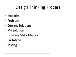 Design Thinking Process
• Empathy
• Problem
• Current Solutions
• My Solution
• How We Make Money
• Prototype
• Testing
 