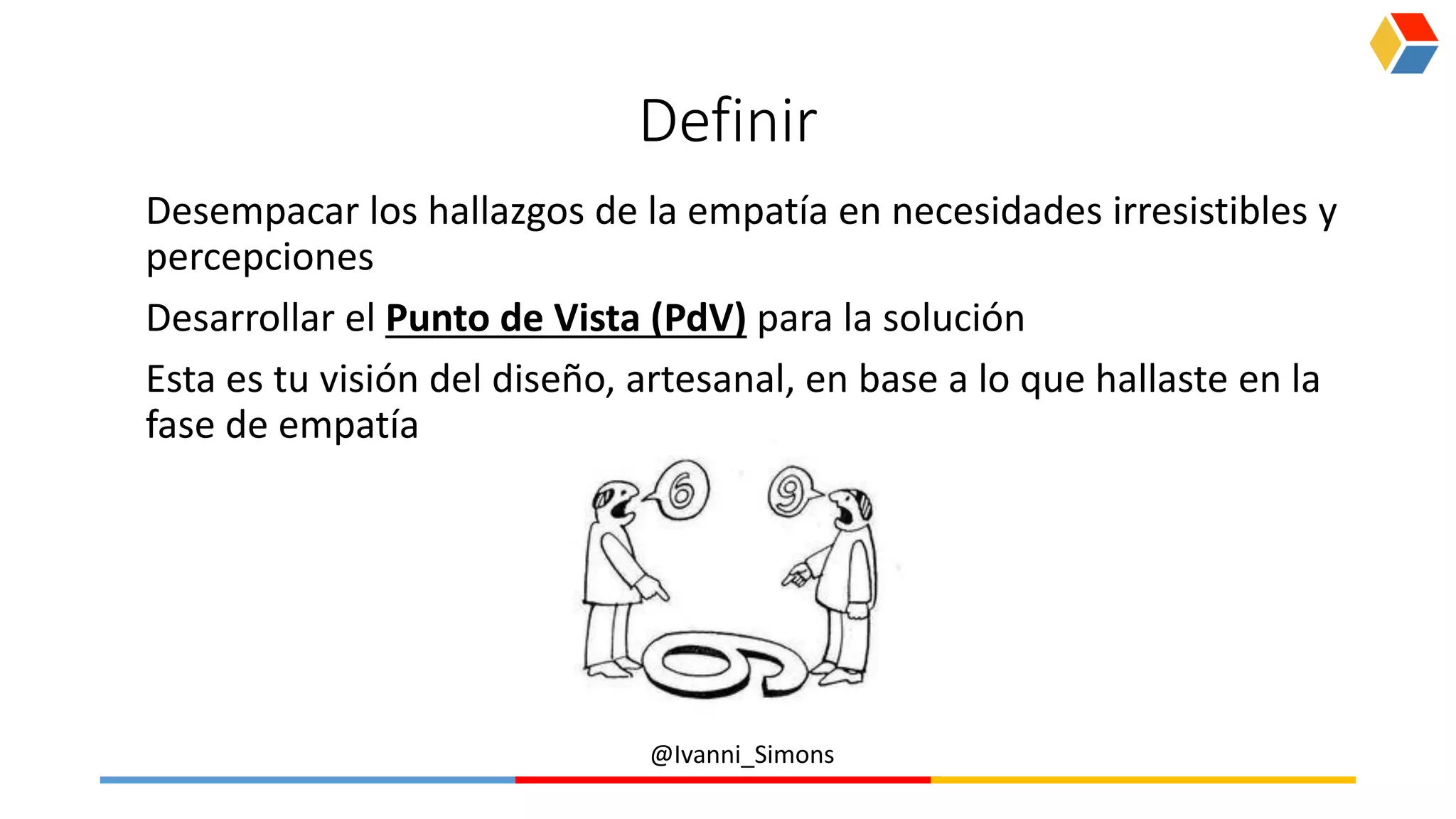 @Ivanni_Simons
Definir
Desempacar los hallazgos de la empatía en necesidades irresistibles y
percepciones
Desarrollar el Punto de Vista (PdV) para la solución
Esta es tu visión del diseño, artesanal, en base a lo que hallaste en la
fase de empatía
 