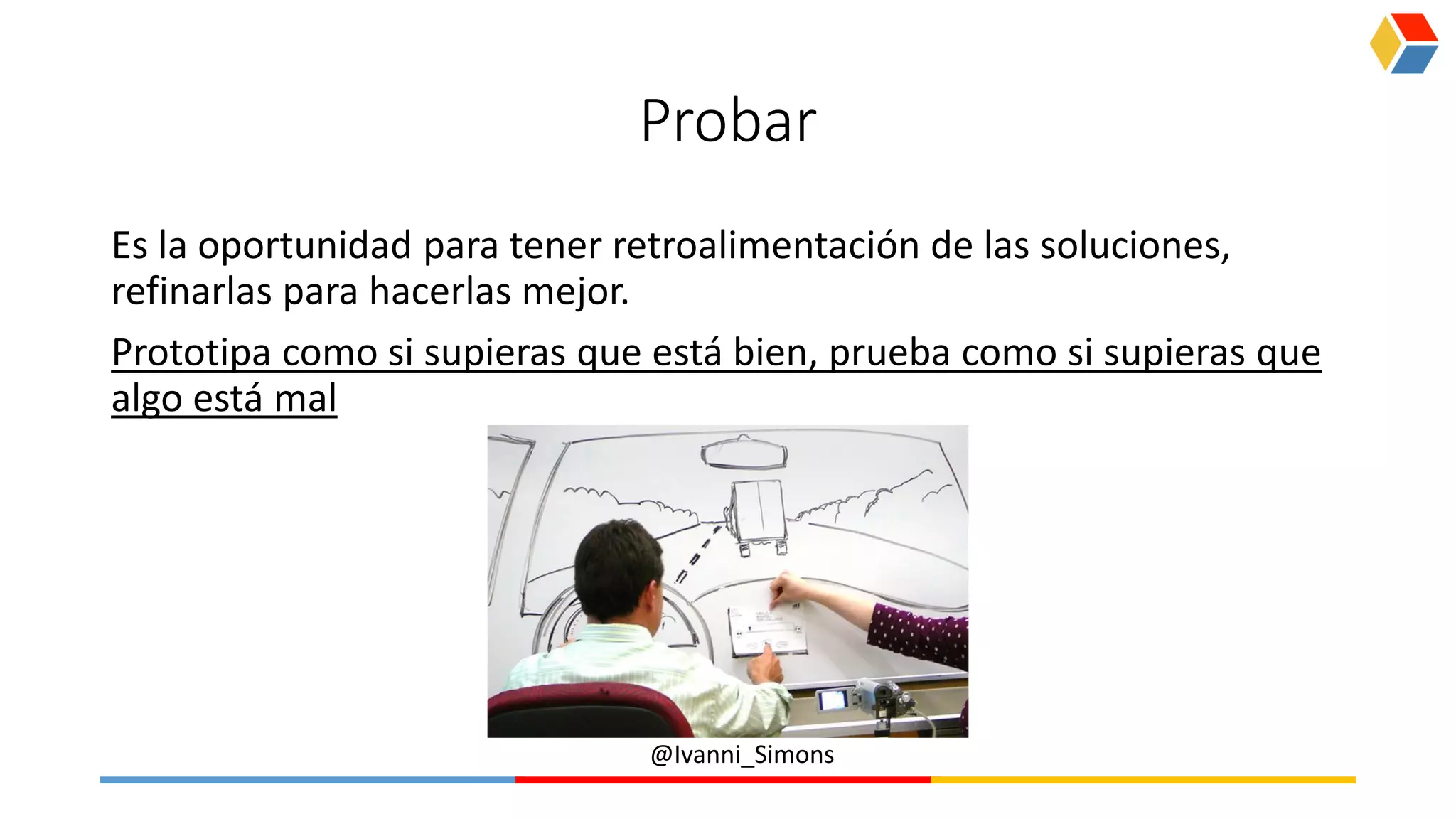 @Ivanni_Simons
Probar
Es la oportunidad para tener retroalimentación de las soluciones,
refinarlas para hacerlas mejor.
Prototipa como si supieras que está bien, prueba como si supieras que
algo está mal
 