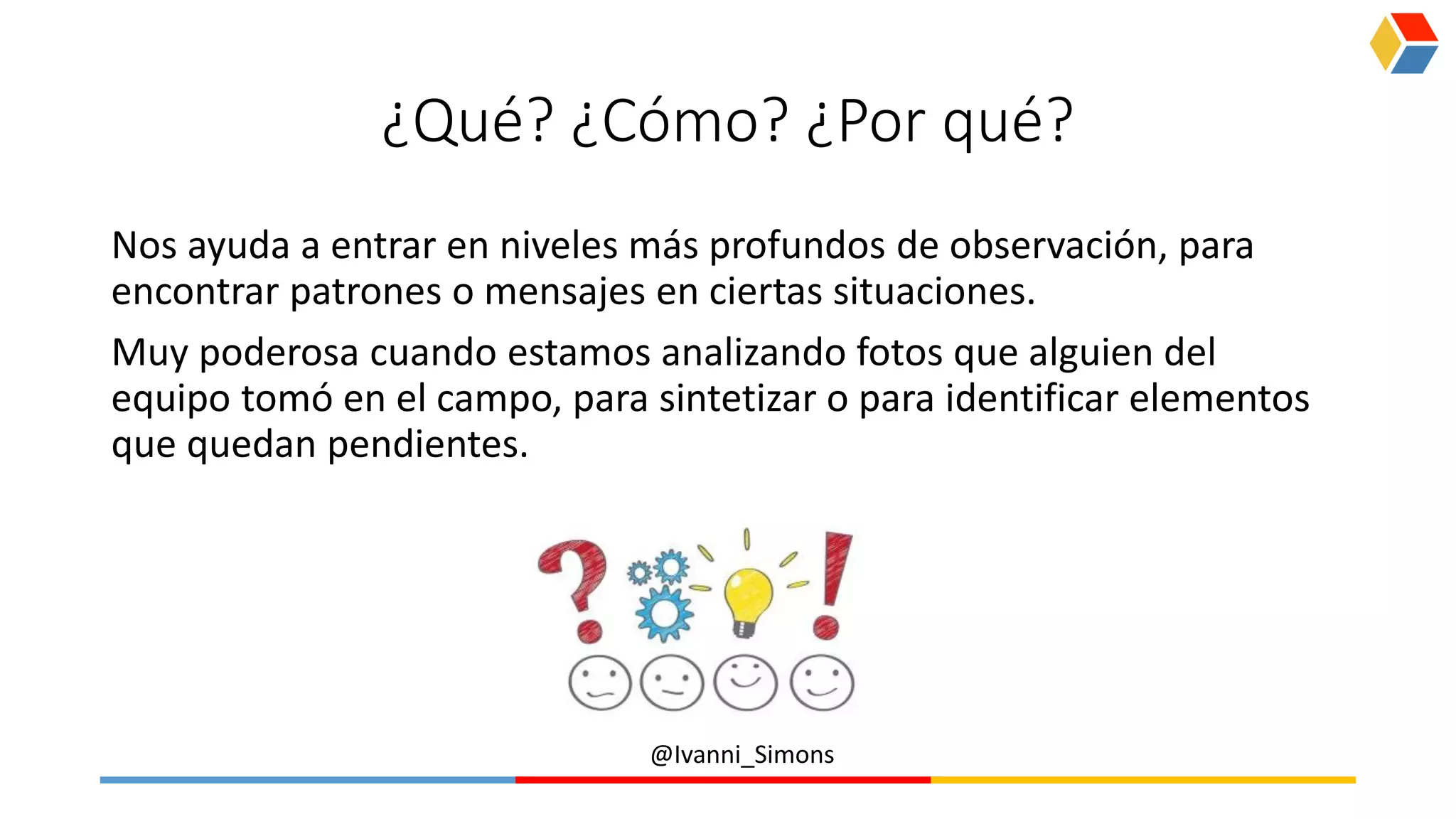 @Ivanni_Simons
¿Qué? ¿Cómo? ¿Por qué?
Nos ayuda a entrar en niveles más profundos de observación, para
encontrar patrones o mensajes en ciertas situaciones.
Muy poderosa cuando estamos analizando fotos que alguien del
equipo tomó en el campo, para sintetizar o para identificar elementos
que quedan pendientes.
 