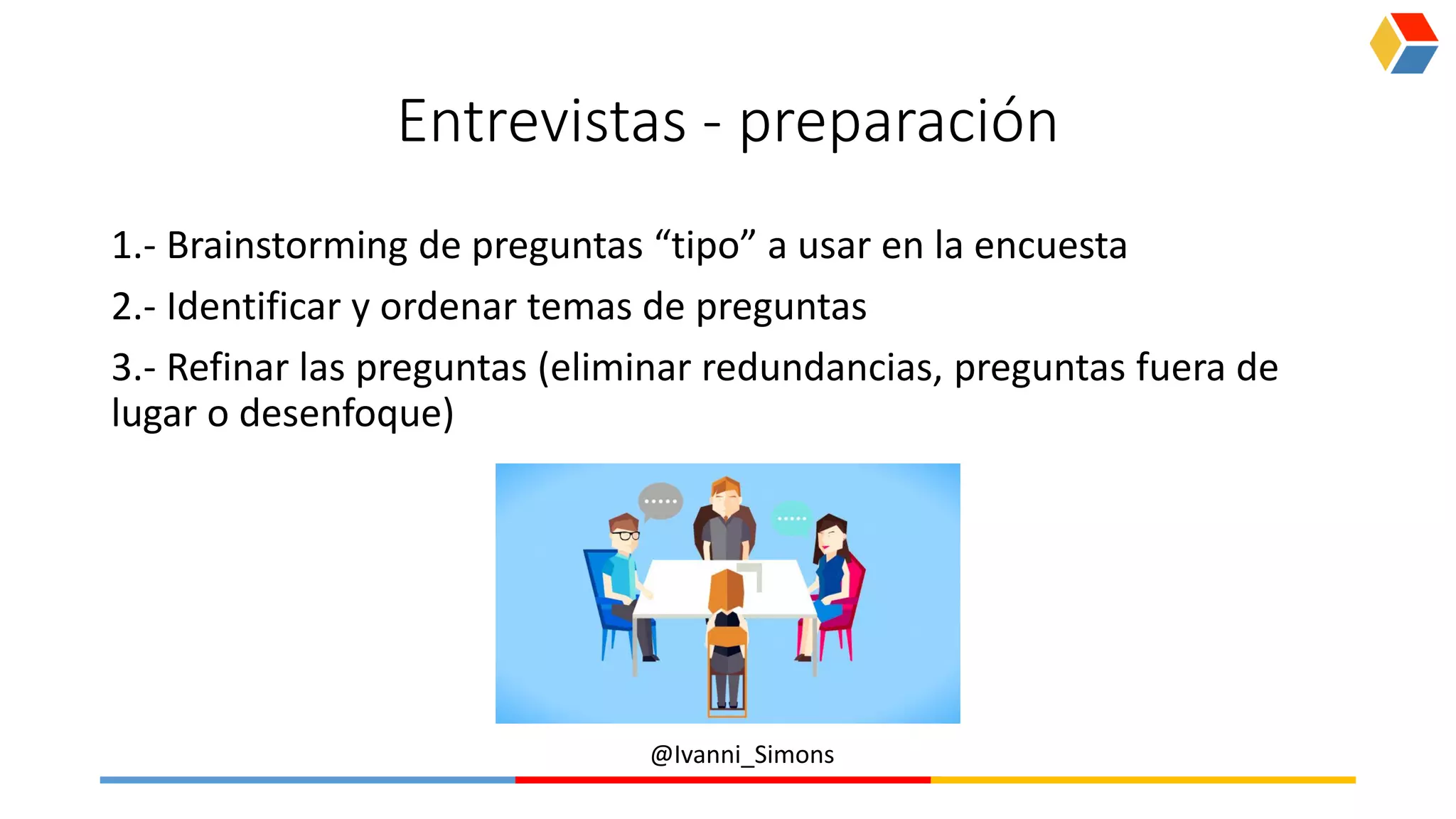 @Ivanni_Simons
Entrevistas - preparación
1.- Brainstorming de preguntas “tipo” a usar en la encuesta
2.- Identificar y ordenar temas de preguntas
3.- Refinar las preguntas (eliminar redundancias, preguntas fuera de
lugar o desenfoque)
 