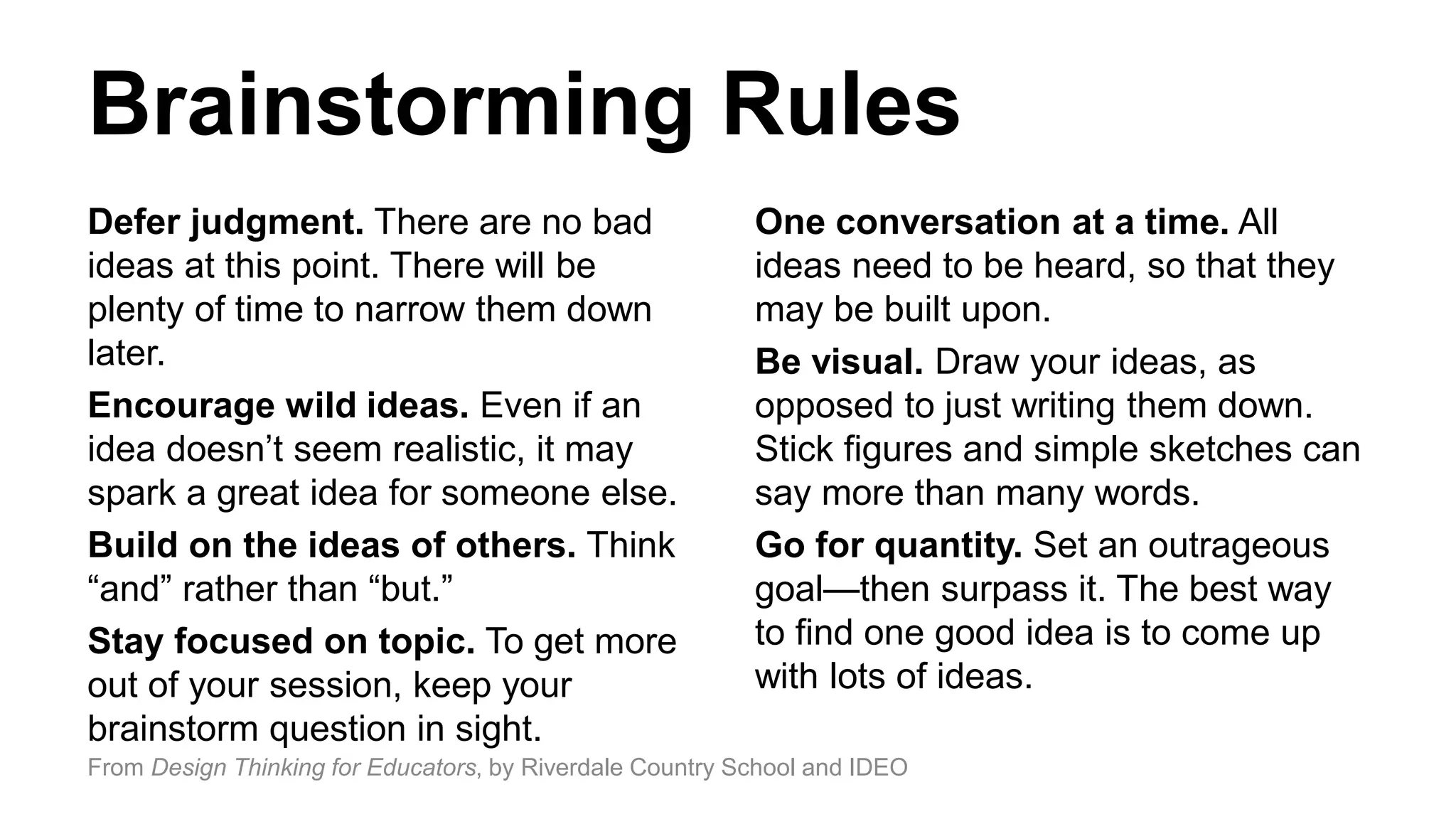 Brainstorming Rules
Defer judgment. There are no bad
ideas at this point. There will be
plenty of time to narrow them down
later.
Encourage wild ideas. Even if an
idea doesn’t seem realistic, it may
spark a great idea for someone else.
Build on the ideas of others. Think
“and” rather than “but.”
Stay focused on topic. To get more
out of your session, keep your
brainstorm question in sight.
One conversation at a time. All
ideas need to be heard, so that they
may be built upon.
Be visual. Draw your ideas, as
opposed to just writing them down.
Stick figures and simple sketches can
say more than many words.
Go for quantity. Set an outrageous
goal—then surpass it. The best way
to find one good idea is to come up
with lots of ideas.
From Design Thinking for Educators, by Riverdale Country School and IDEO
 