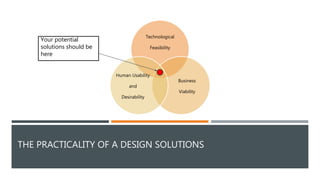 THE PRACTICALITY OF A DESIGN SOLUTIONS
Technological
Feasibility
Business
Viability
Human Usability
and
Desirability
Your ...