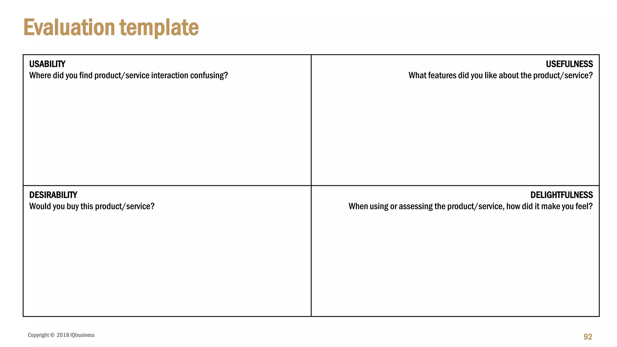 Copyright © 2018 IQbusiness
Evaluation template
92
USABILITY
Where did you find product/service interaction confusing?
USEFULNESS
What features did you like about the product/service?
DESIRABILITY
Would you buy this product/service?
DELIGHTFULNESS
When using or assessing the product/service, how did it make you feel?
 