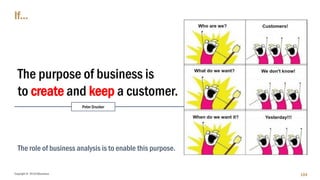 Copyright © 2018 IQbusiness
If…
104
The purpose of business is
to create and keep a customer.
The role of business analysis is to enable this purpose.
Peter Drucker
 
